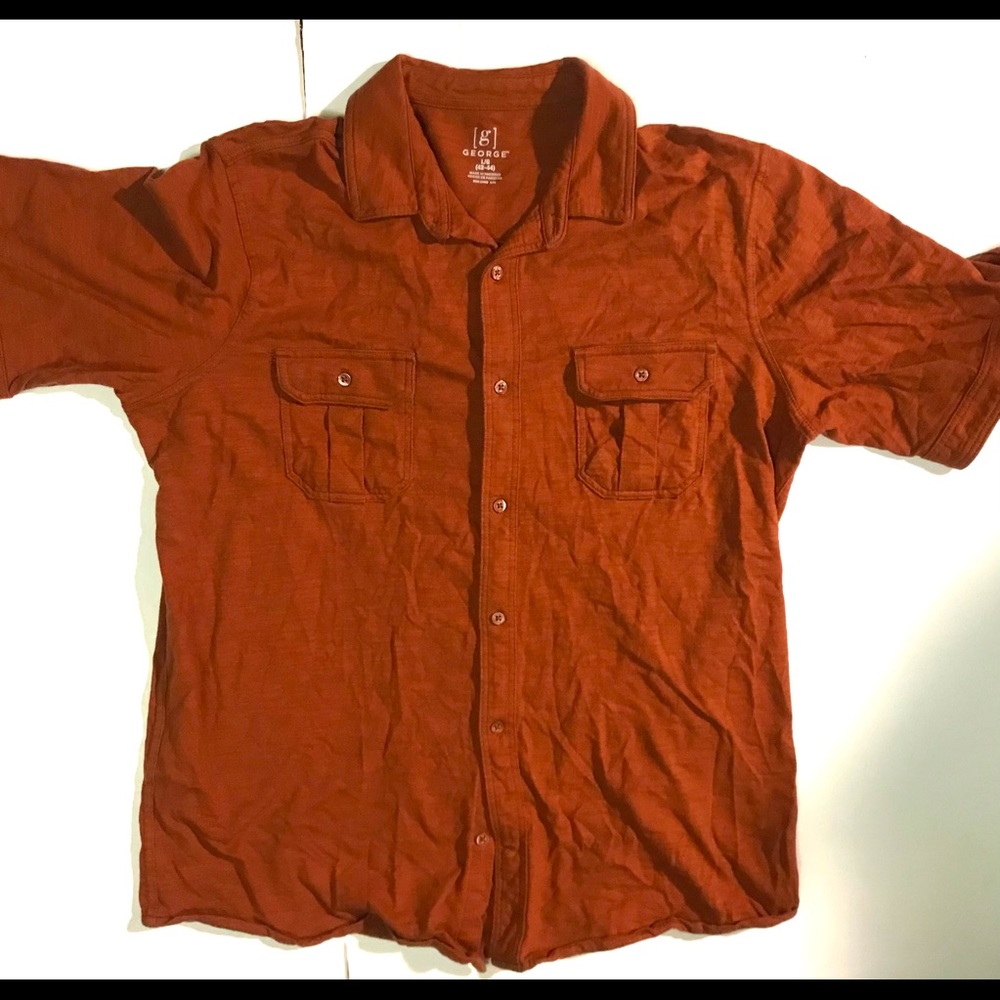 Men’s Large Orange/Brown George Button Down Casual Polo Shirt